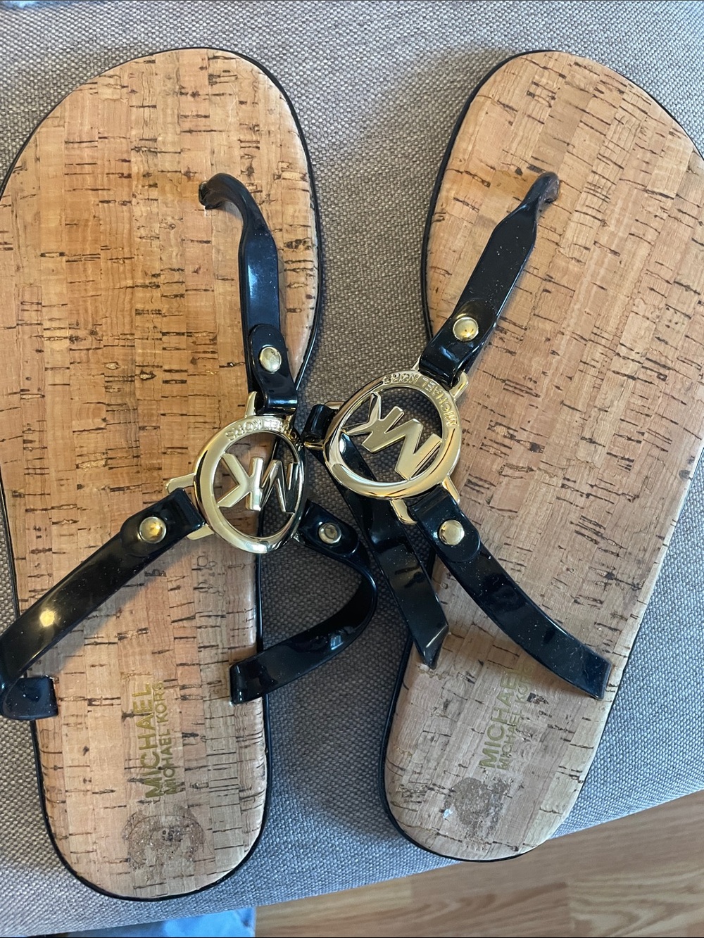 Michael Kors Black Patent Toe-Post Sandals with Gold MK Medallions